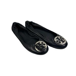 Tory Burch Reva Flats Size 9 M Black Leather Silver Logo Ballet